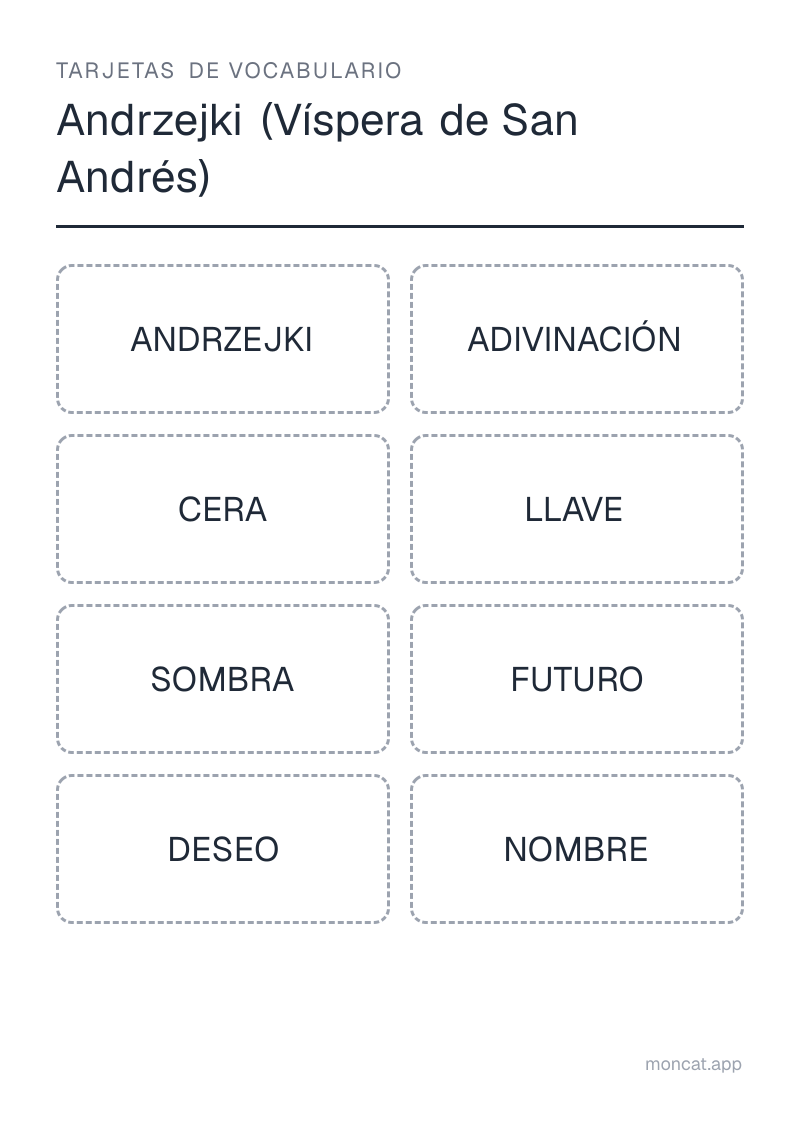 Ejemplo de ficha para imprimir — Tarjetas de vocabulario sobre «Andrzejki (Víspera de San Andrés)» con las palabras: andrzejki, adivinación, cera, llave, sombra, futuro, deseo, nombre
