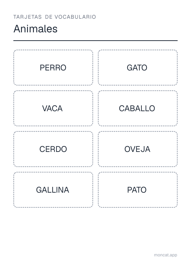 Ejemplo de ficha para imprimir — Tarjetas de vocabulario sobre «Animales» con las palabras: perro, gato, vaca, caballo, cerdo, oveja, gallina, pato