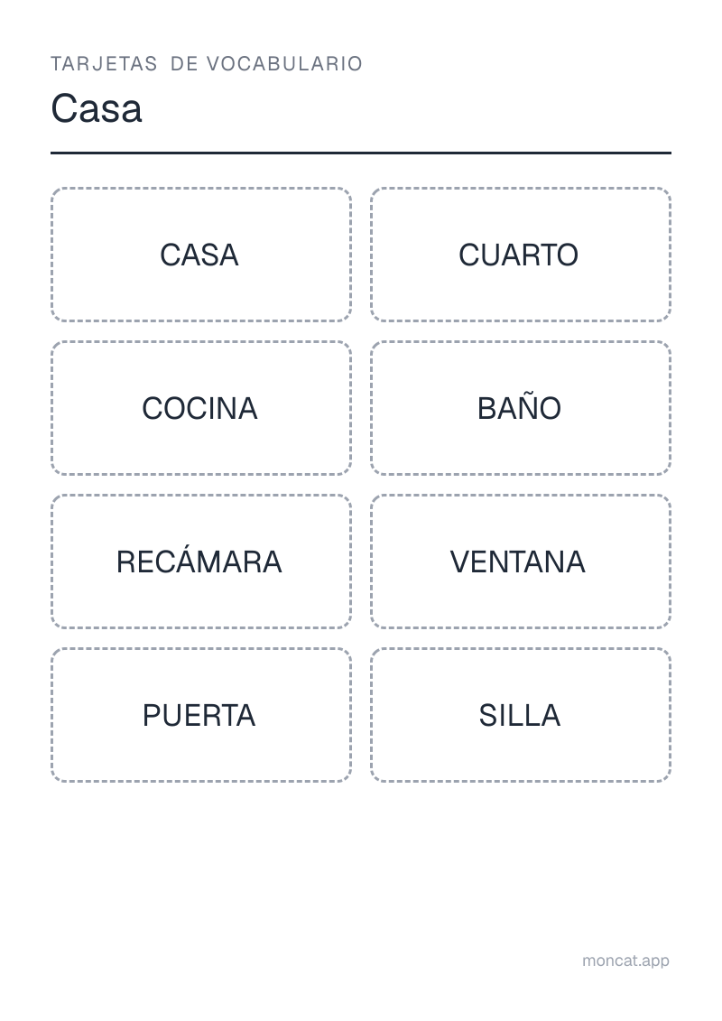 Ejemplo de ficha para imprimir — Tarjetas de vocabulario sobre «Casa» con las palabras: casa, cuarto, cocina, baño, recámara, ventana, puerta, silla