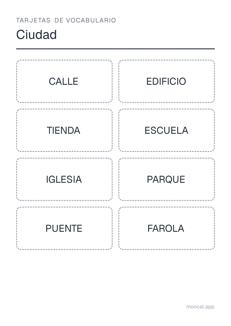 Ejemplo de ficha para imprimir — Tarjetas de vocabulario sobre «Ciudad» con las palabras: calle, edificio, tienda, escuela, iglesia, parque, puente, farola