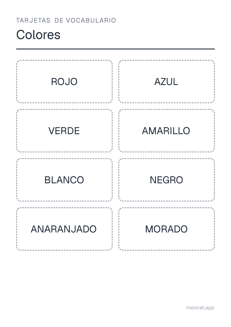 Ejemplo de ficha para imprimir — Tarjetas de vocabulario sobre «Colores» con las palabras: rojo, azul, verde, amarillo, blanco, negro, anaranjado, morado