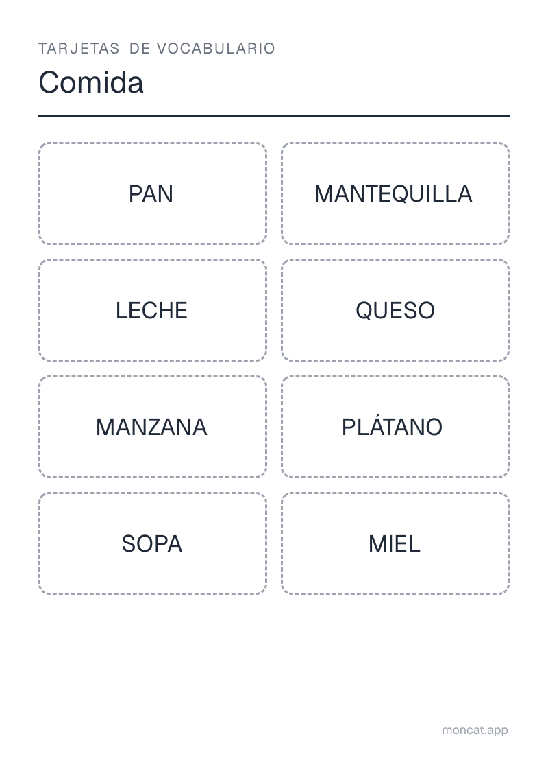 Ejemplo de ficha para imprimir — Tarjetas de vocabulario sobre «Comida» con las palabras: pan, mantequilla, leche, queso, manzana, plátano, sopa, miel