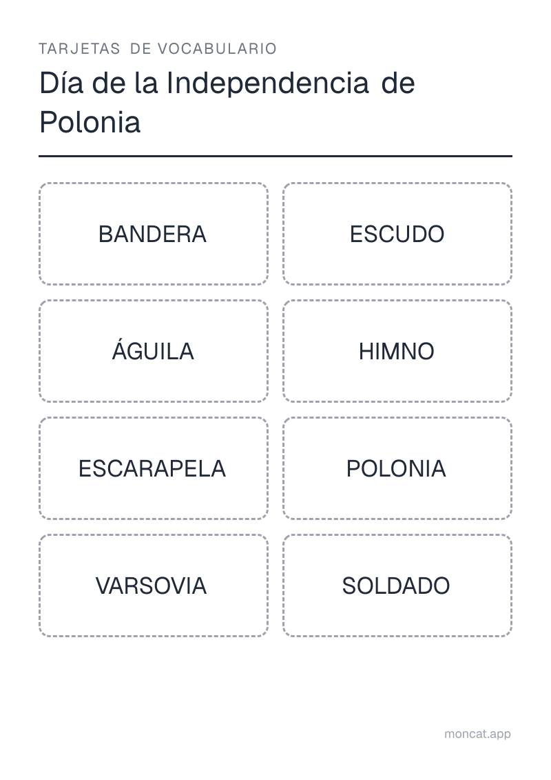 Ejemplo de ficha para imprimir — Tarjetas de vocabulario sobre «Día de la Independencia de Polonia» con las palabras: bandera, escudo, águila, himno, escarapela, polonia, varsovia, soldado