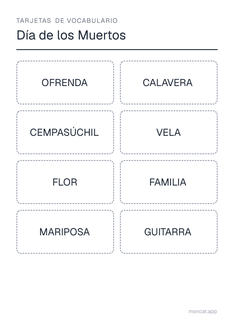 Ejemplo de ficha para imprimir — Tarjetas de vocabulario sobre «Día de los Muertos» con las palabras: ofrenda, calavera, cempasúchil, vela, flor, familia, mariposa, guitarra