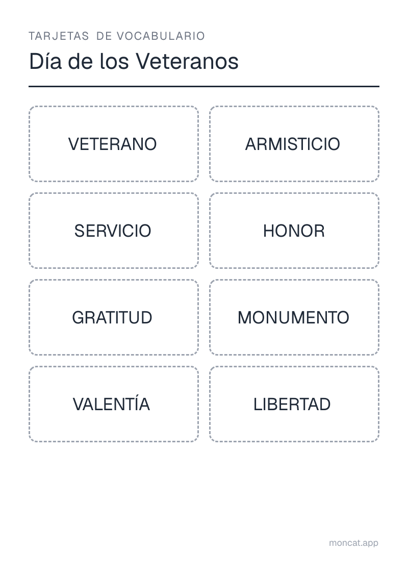 Ejemplo de ficha para imprimir — Tarjetas de vocabulario sobre «Día de los Veteranos» con las palabras: veterano, armisticio, servicio, honor, gratitud, monumento, valentía, libertad