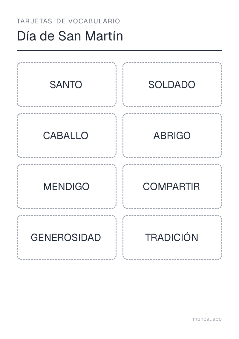 Ejemplo de ficha para imprimir — Tarjetas de vocabulario sobre «Día de San Martín» con las palabras: santo, soldado, caballo, abrigo, mendigo, compartir, generosidad, tradición