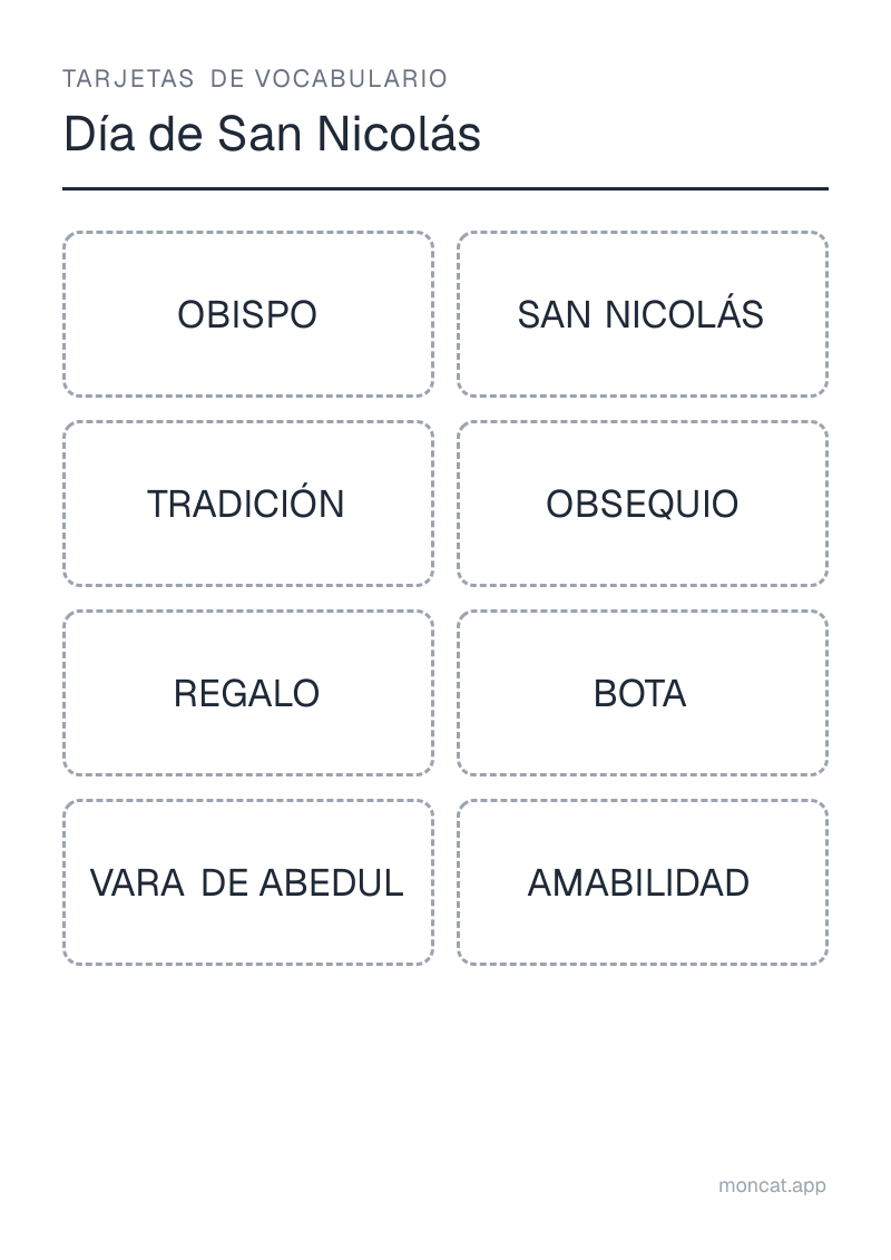 Ejemplo de ficha para imprimir — Tarjetas de vocabulario sobre «Día de San Nicolás» con las palabras: obispo, san nicolás, tradición, obsequio, regalo, bota, vara de abedul, amabilidad