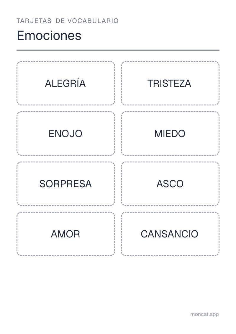 Ejemplo de ficha para imprimir — Tarjetas de vocabulario sobre «Emociones» con las palabras: alegría, tristeza, enojo, miedo, sorpresa, asco, amor, cansancio