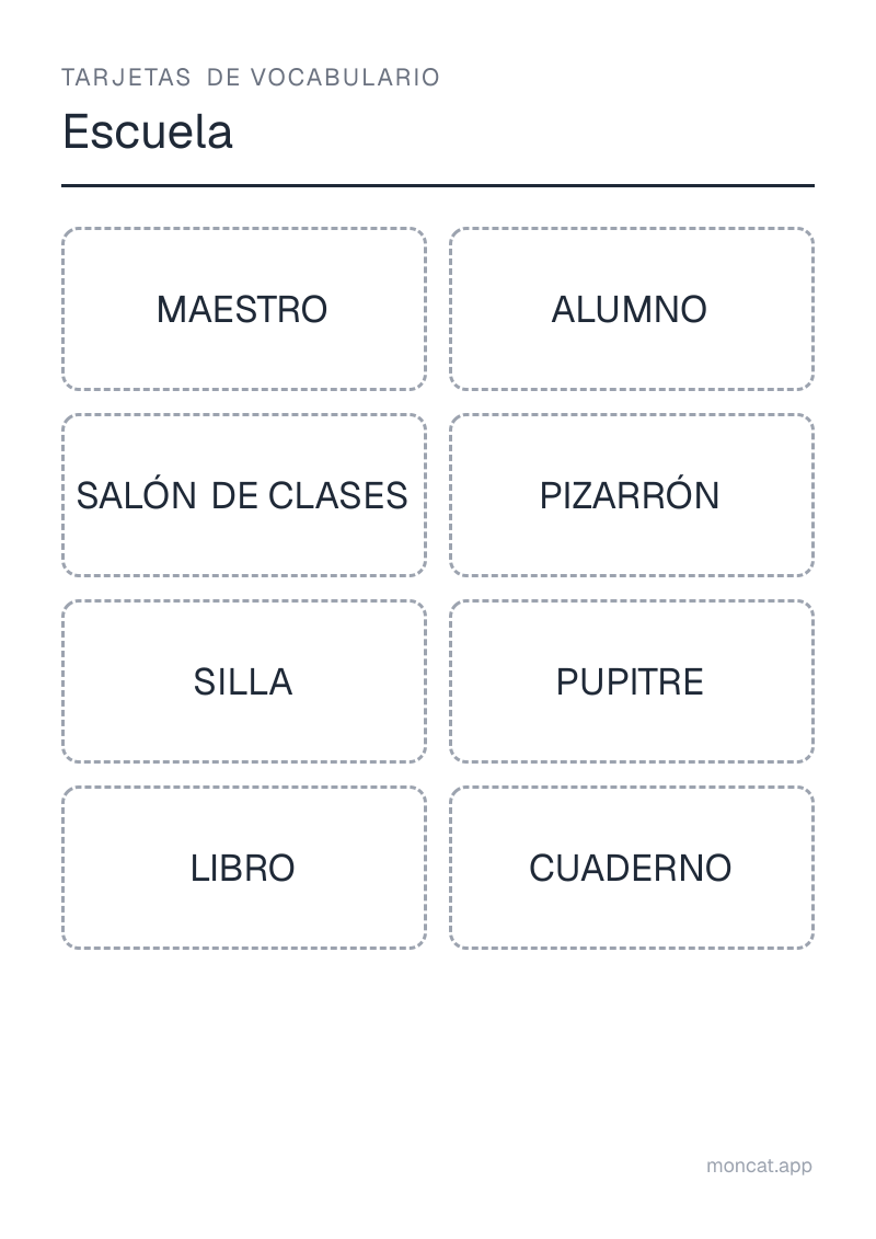 Ejemplo de ficha para imprimir — Tarjetas de vocabulario sobre «Escuela» con las palabras: maestro, alumno, salón de clases, pizarrón, silla, pupitre, libro, cuaderno