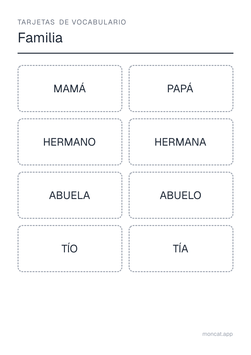 Ejemplo de ficha para imprimir — Tarjetas de vocabulario sobre «Familia» con las palabras: mamá, papá, hermano, hermana, abuela, abuelo, tío, tía