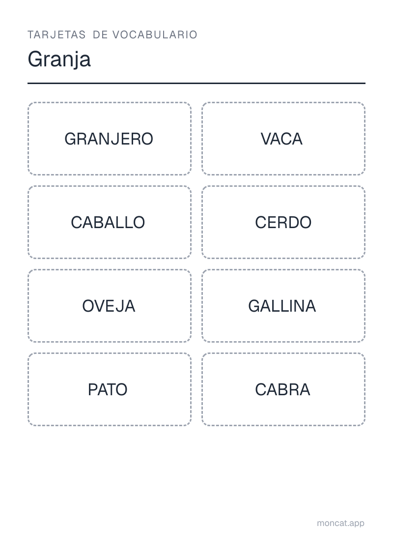 Ejemplo de ficha para imprimir — Tarjetas de vocabulario sobre «Granja» con las palabras: granjero, vaca, caballo, cerdo, oveja, gallina, pato, cabra