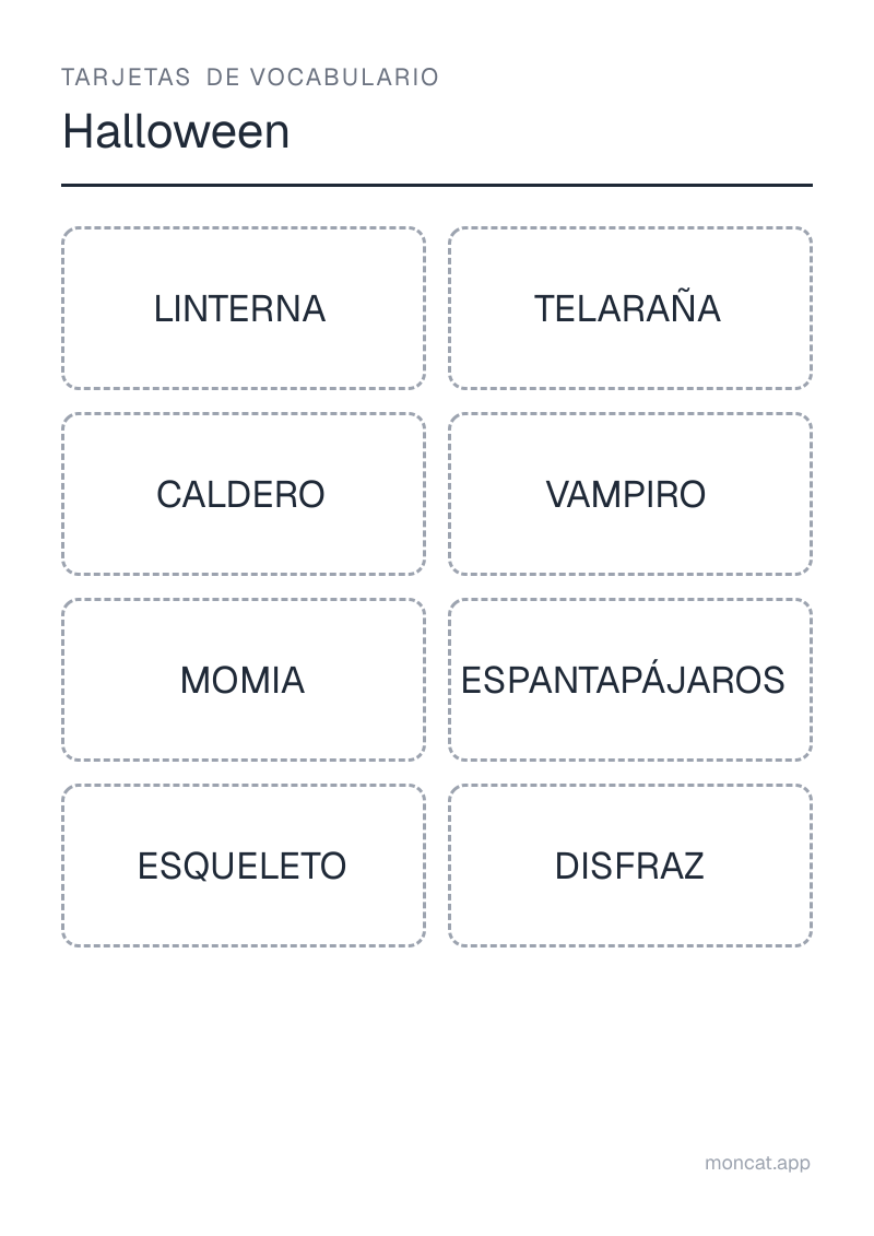 Ejemplo de ficha para imprimir — Tarjetas de vocabulario sobre «Halloween» con las palabras: linterna, telaraña, caldero, vampiro, momia, espantapájaros, esqueleto, disfraz