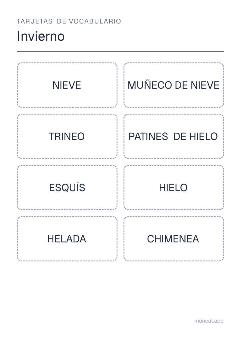 Ejemplo de ficha para imprimir — Tarjetas de vocabulario sobre «Invierno» con las palabras: nieve, muñeco de nieve, trineo, patines de hielo, esquís, hielo, helada, chimenea