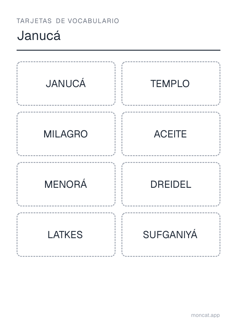 Ejemplo de ficha para imprimir — Tarjetas de vocabulario sobre «Janucá» con las palabras: janucá, templo, milagro, aceite, menorá, dreidel, latkes, sufganiyá