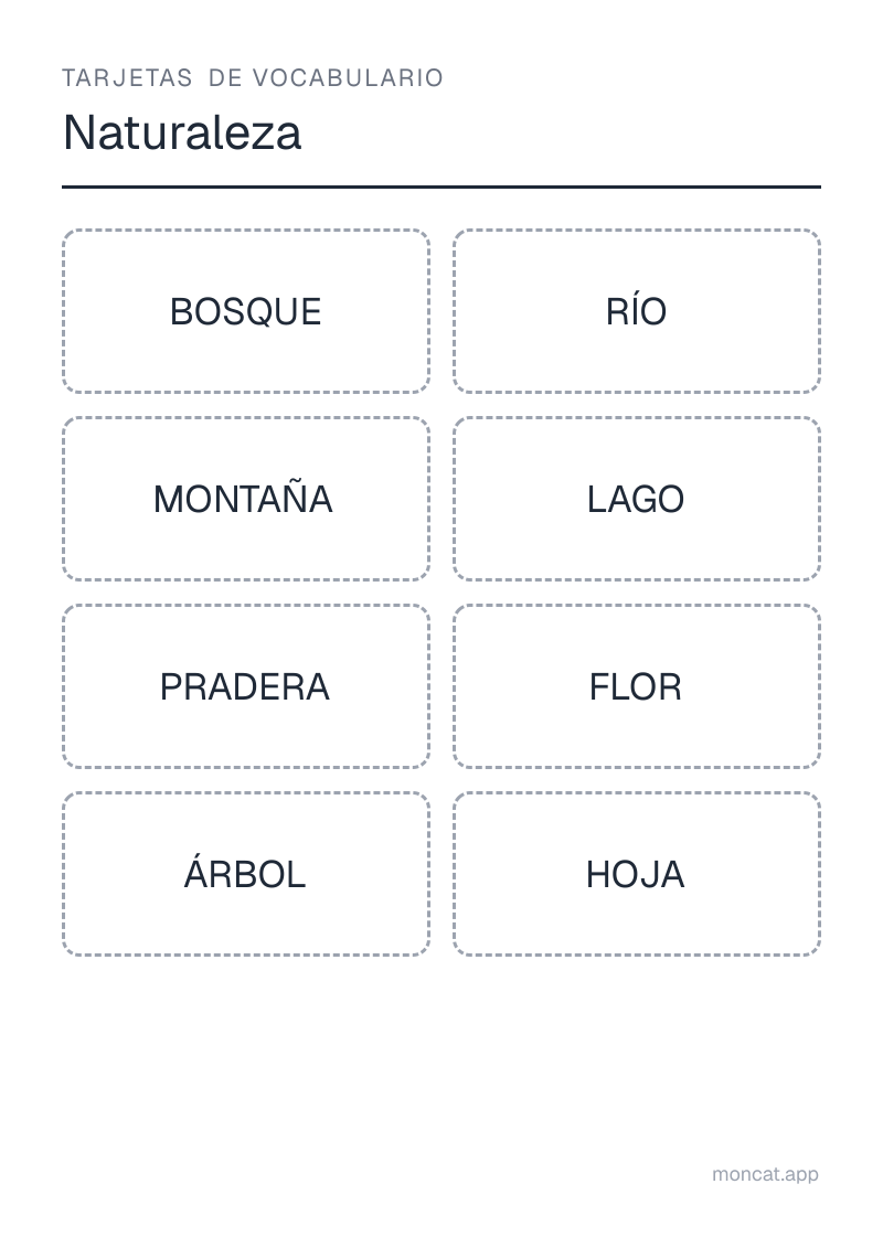 Ejemplo de ficha para imprimir — Tarjetas de vocabulario sobre «Naturaleza» con las palabras: bosque, río, montaña, lago, pradera, flor, árbol, hoja