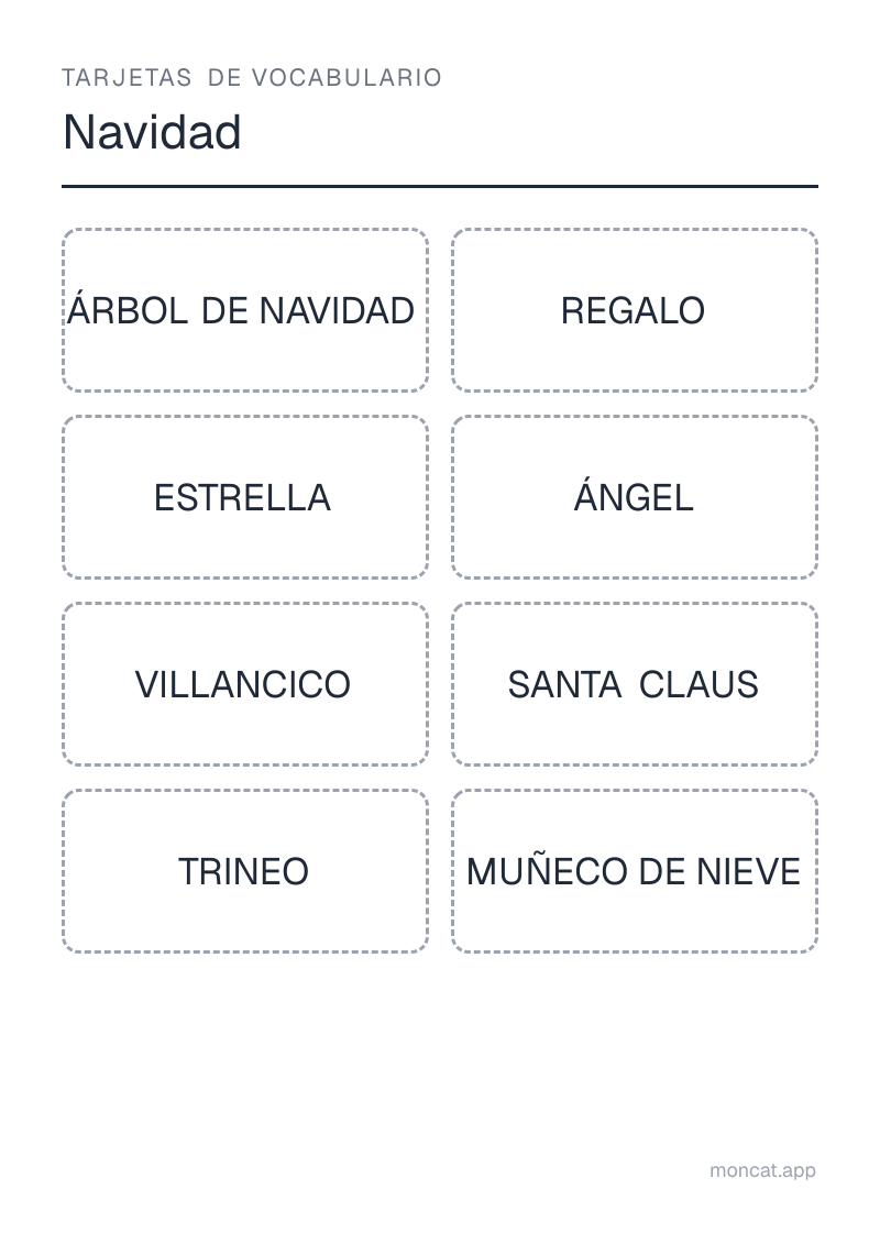 Ejemplo de ficha para imprimir — Tarjetas de vocabulario sobre «Navidad» con las palabras: árbol de navidad, regalo, estrella, ángel, villancico, santa claus, trineo, muñeco de nieve