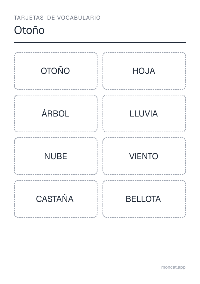 Ejemplo de ficha para imprimir — Tarjetas de vocabulario sobre «Otoño» con las palabras: otoño, hoja, árbol, lluvia, nube, viento, castaña, bellota