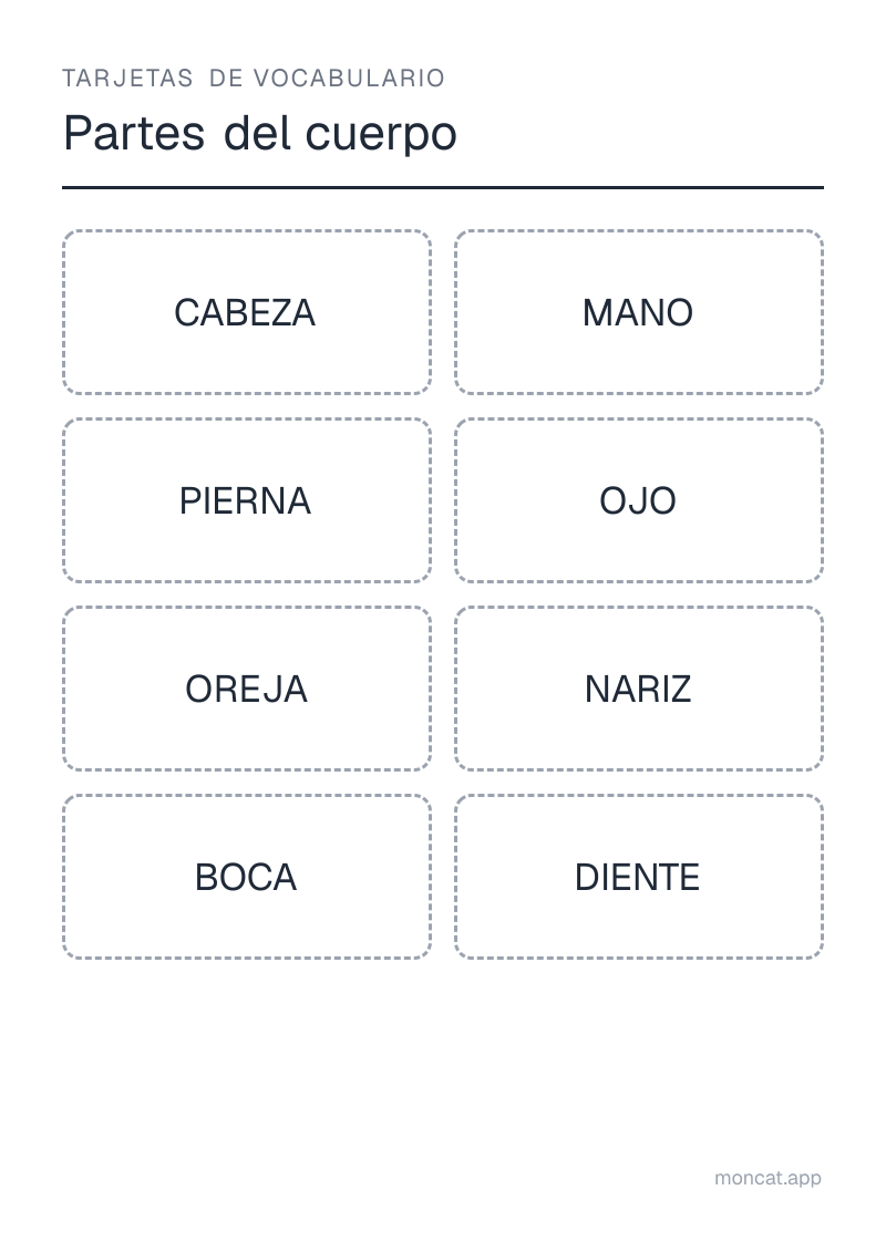 Ejemplo de ficha para imprimir — Tarjetas de vocabulario sobre «Partes del cuerpo» con las palabras: cabeza, mano, pierna, ojo, oreja, nariz, boca, diente
