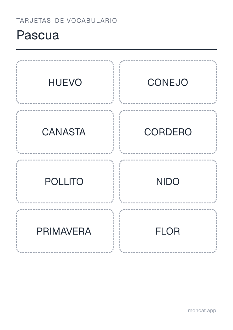 Ejemplo de ficha para imprimir — Tarjetas de vocabulario sobre «Pascua» con las palabras: huevo, conejo, canasta, cordero, pollito, nido, primavera, flor