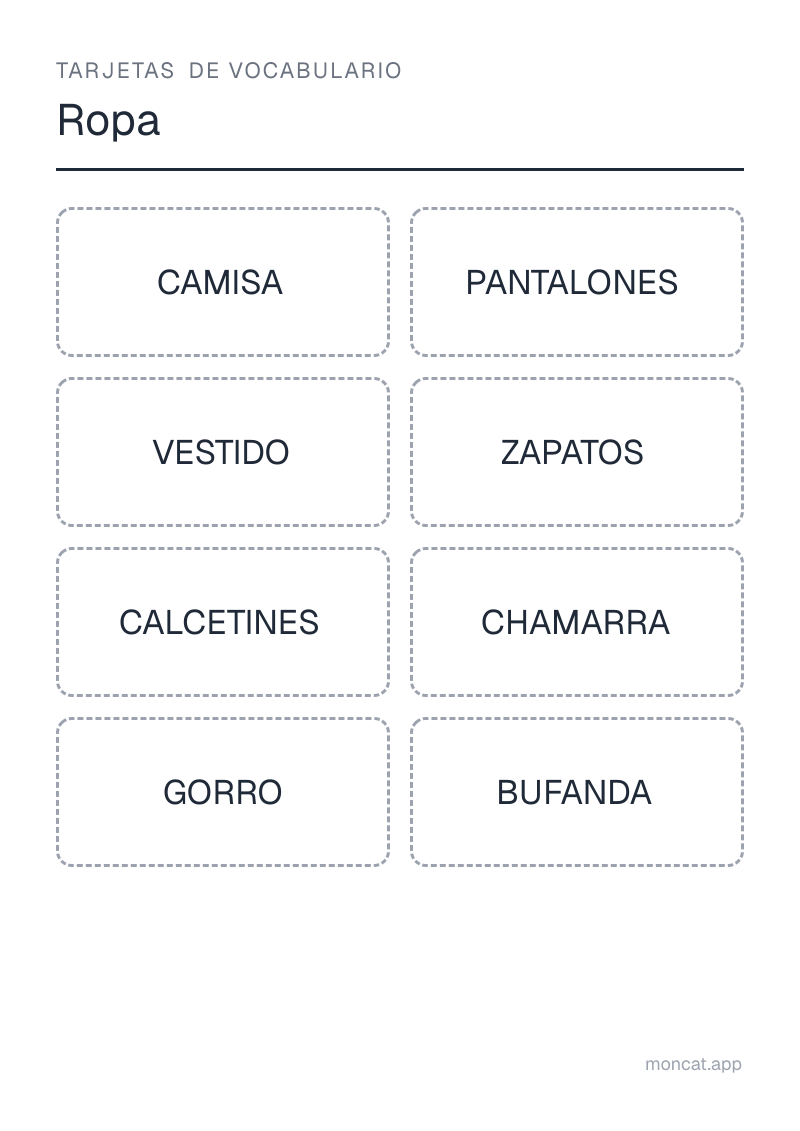Ejemplo de ficha para imprimir — Tarjetas de vocabulario sobre «Ropa» con las palabras: camisa, pantalones, vestido, zapatos, calcetines, chamarra, gorro, bufanda