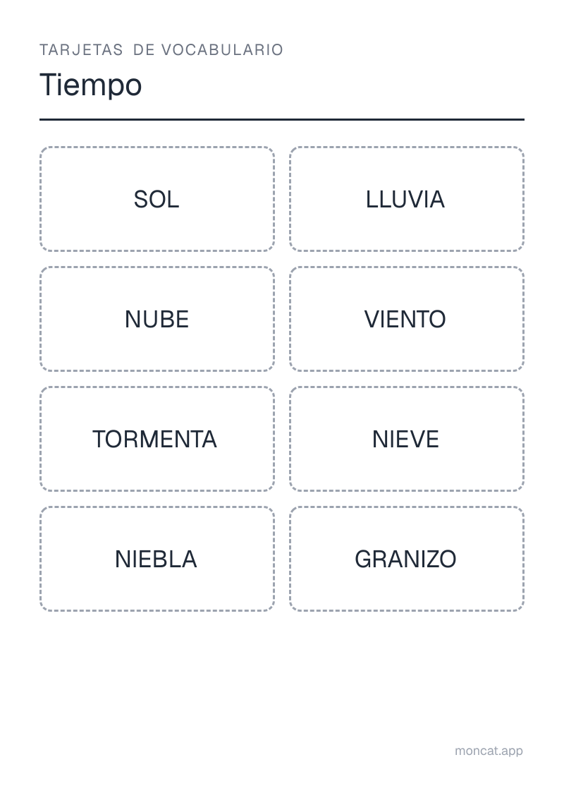 Ejemplo de ficha para imprimir — Tarjetas de vocabulario sobre «Tiempo» con las palabras: sol, lluvia, nube, viento, tormenta, nieve, niebla, granizo