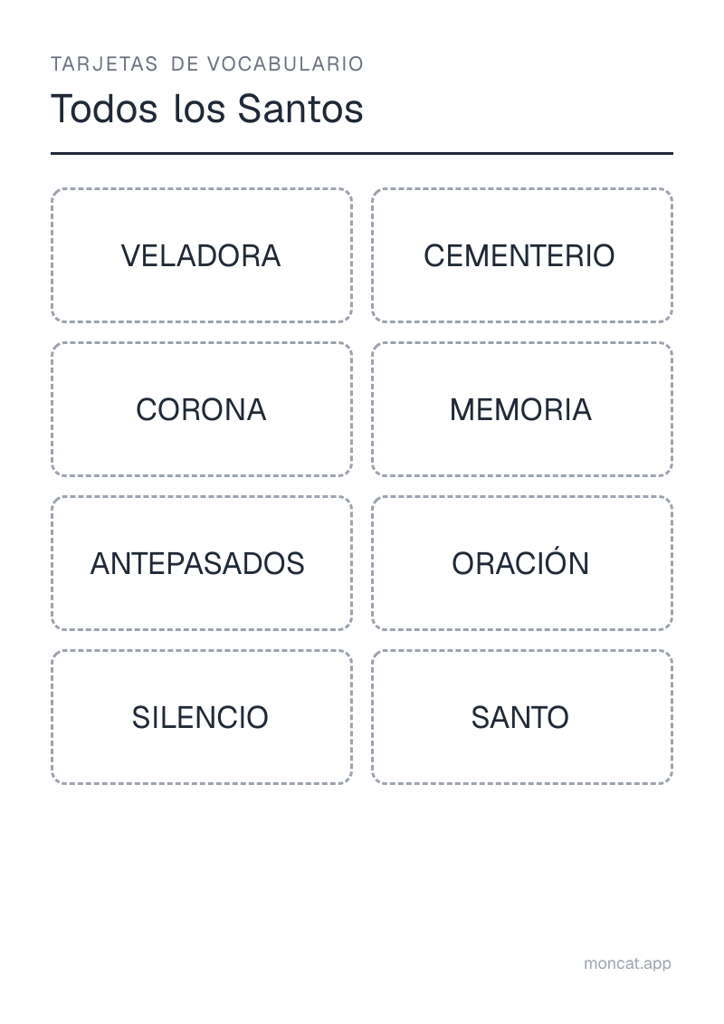 Ejemplo de ficha para imprimir — Tarjetas de vocabulario sobre «Todos los Santos» con las palabras: veladora, cementerio, corona, memoria, antepasados, oración, silencio, santo