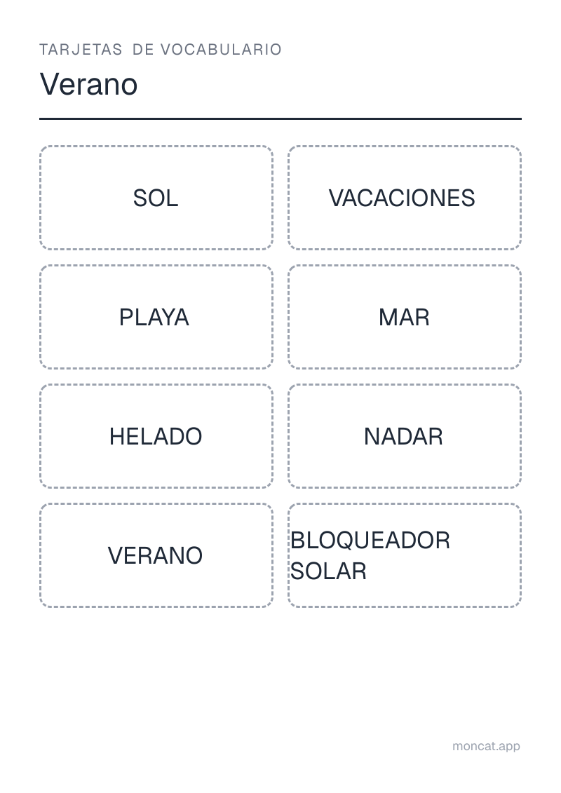 Ejemplo de ficha para imprimir — Tarjetas de vocabulario sobre «Verano» con las palabras: sol, vacaciones, playa, mar, helado, nadar, verano, bloqueador solar