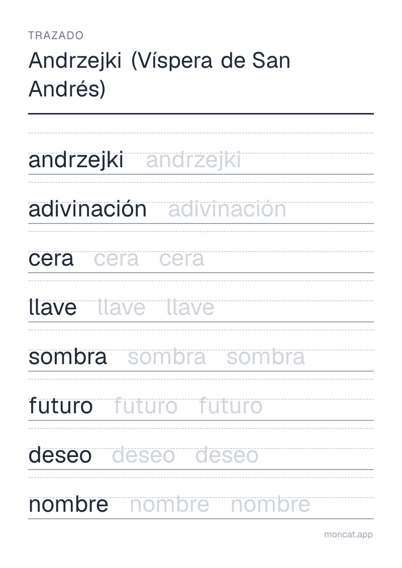 Ejemplo de ficha para imprimir — Trazado sobre «Andrzejki (Víspera de San Andrés)» con las palabras: andrzejki, adivinación, cera, llave, sombra, futuro, deseo, nombre