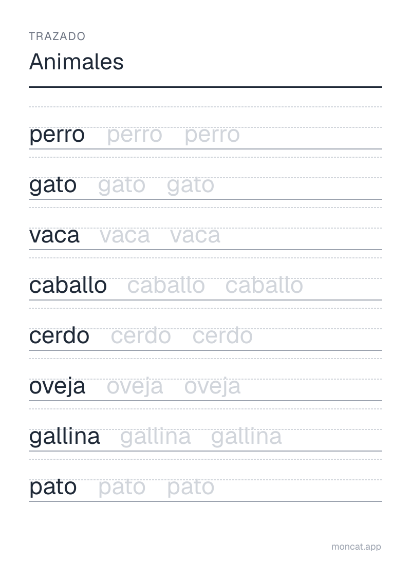 Ejemplo de ficha para imprimir — Trazado sobre «Animales» con las palabras: perro, gato, vaca, caballo, cerdo, oveja, gallina, pato