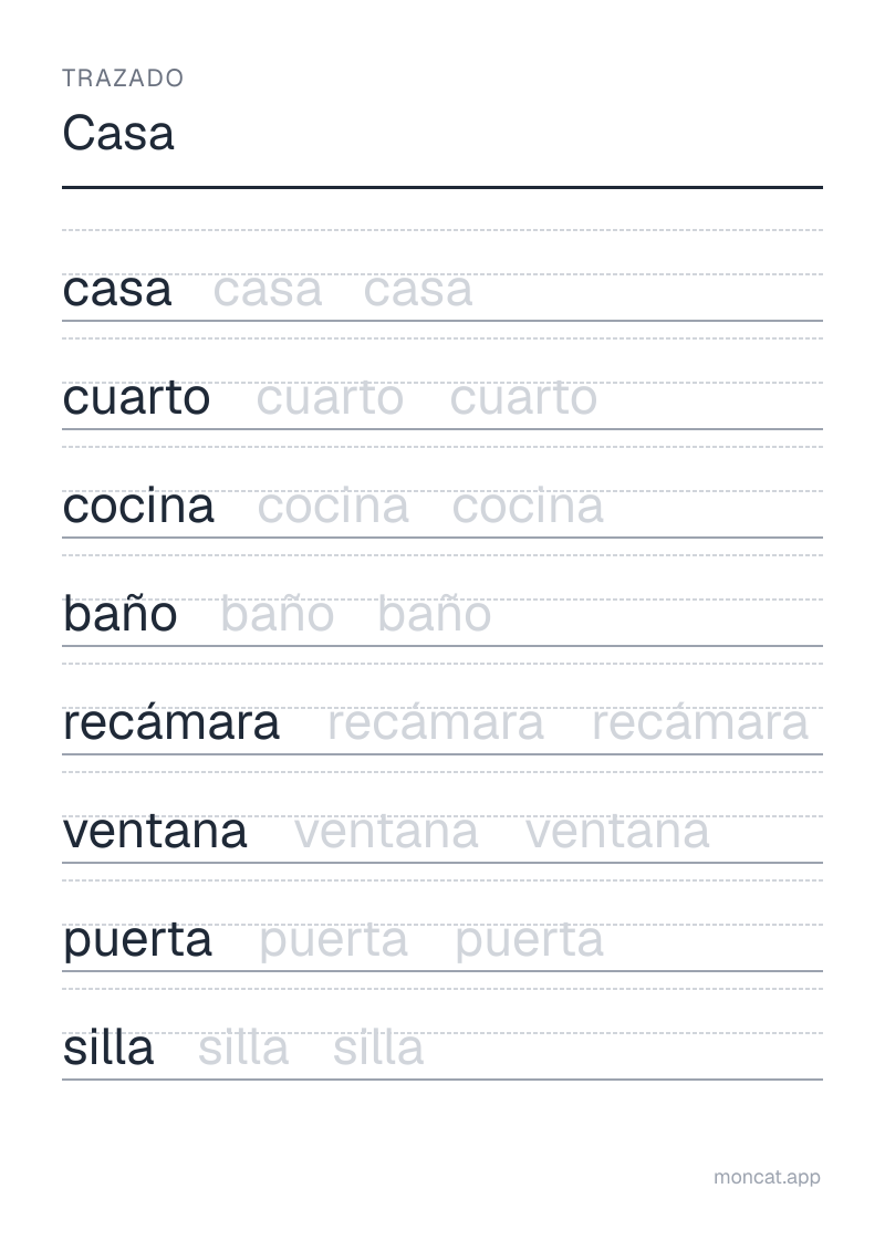 Ejemplo de ficha para imprimir — Trazado sobre «Casa» con las palabras: casa, cuarto, cocina, baño, recámara, ventana, puerta, silla