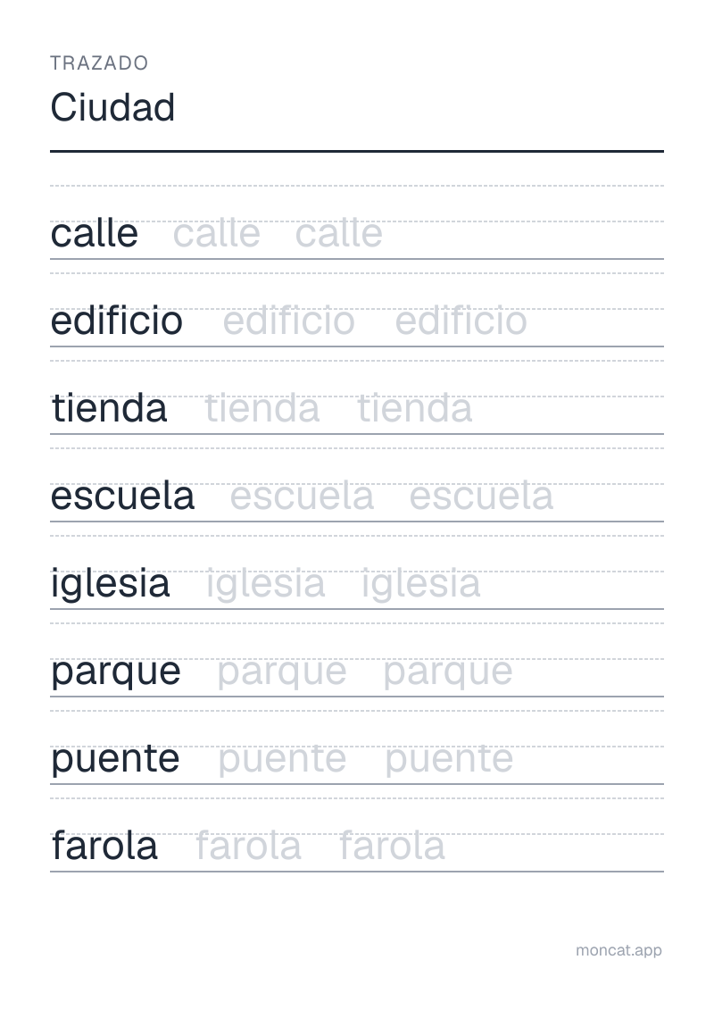 Ejemplo de ficha para imprimir — Trazado sobre «Ciudad» con las palabras: calle, edificio, tienda, escuela, iglesia, parque, puente, farola