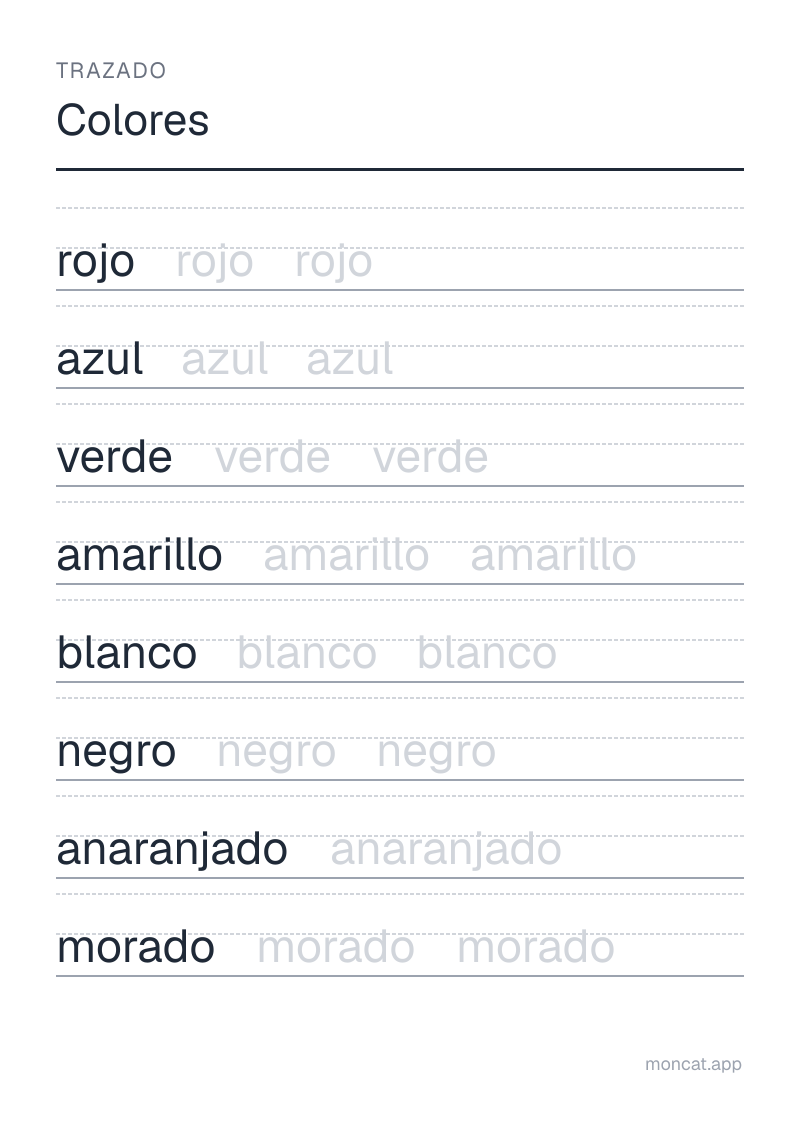 Ejemplo de ficha para imprimir — Trazado sobre «Colores» con las palabras: rojo, azul, verde, amarillo, blanco, negro, anaranjado, morado