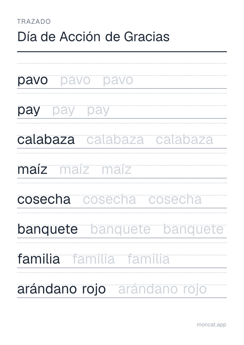 Ejemplo de ficha para imprimir — Trazado sobre «Día de Acción de Gracias» con las palabras: pavo, pay, calabaza, maíz, cosecha, banquete, familia, arándano rojo