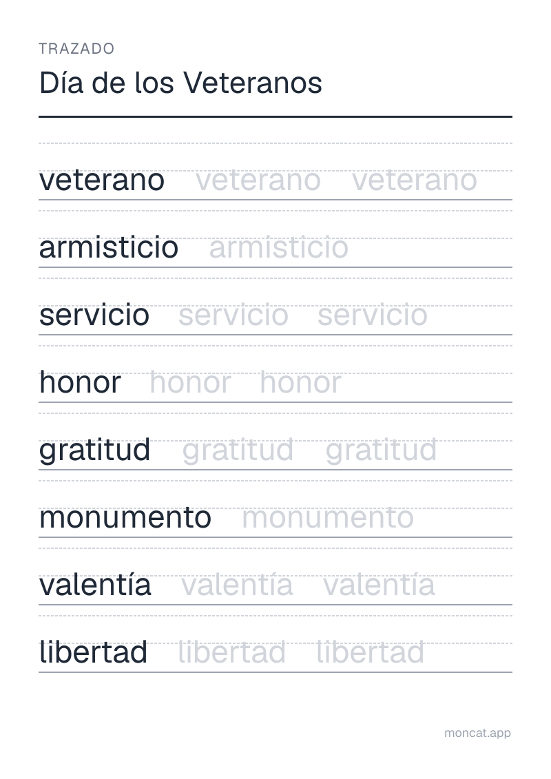 Ejemplo de ficha para imprimir — Trazado sobre «Día de los Veteranos» con las palabras: veterano, armisticio, servicio, honor, gratitud, monumento, valentía, libertad