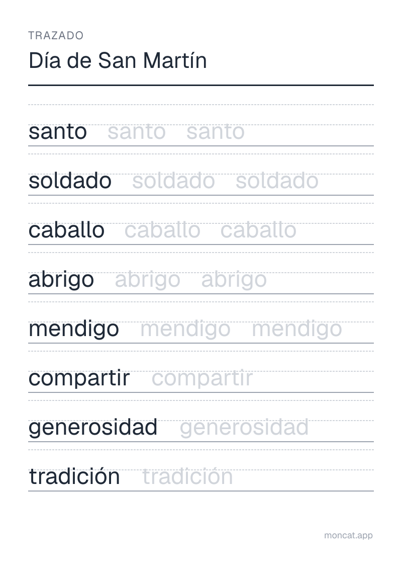 Ejemplo de ficha para imprimir — Trazado sobre «Día de San Martín» con las palabras: santo, soldado, caballo, abrigo, mendigo, compartir, generosidad, tradición