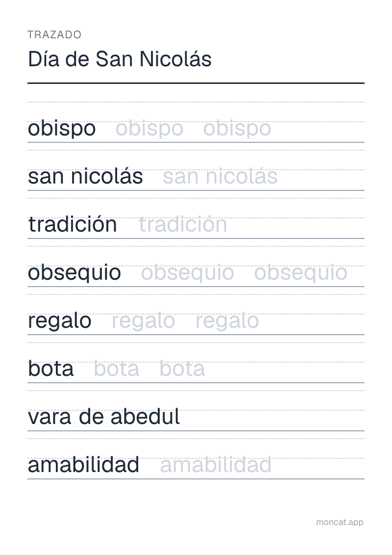 Ejemplo de ficha para imprimir — Trazado sobre «Día de San Nicolás» con las palabras: obispo, san nicolás, tradición, obsequio, regalo, bota, vara de abedul, amabilidad