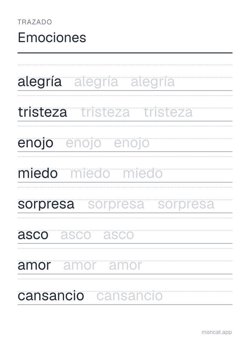 Ejemplo de ficha para imprimir — Trazado sobre «Emociones» con las palabras: alegría, tristeza, enojo, miedo, sorpresa, asco, amor, cansancio