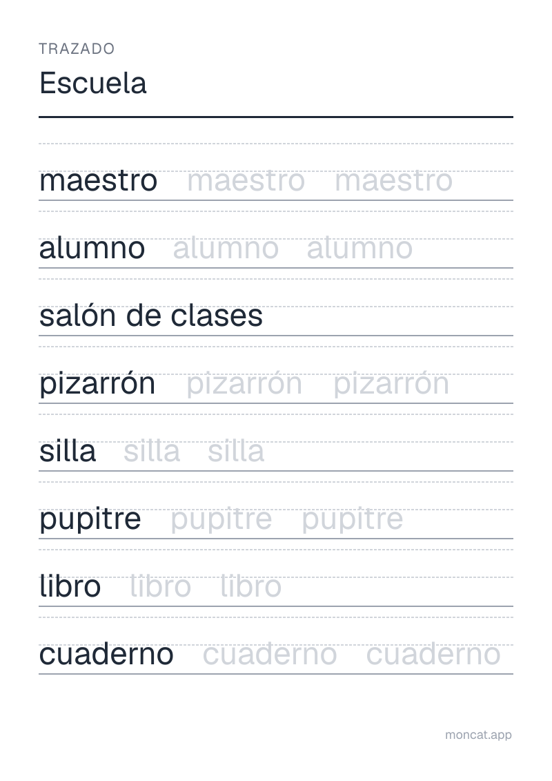 Ejemplo de ficha para imprimir — Trazado sobre «Escuela» con las palabras: maestro, alumno, salón de clases, pizarrón, silla, pupitre, libro, cuaderno