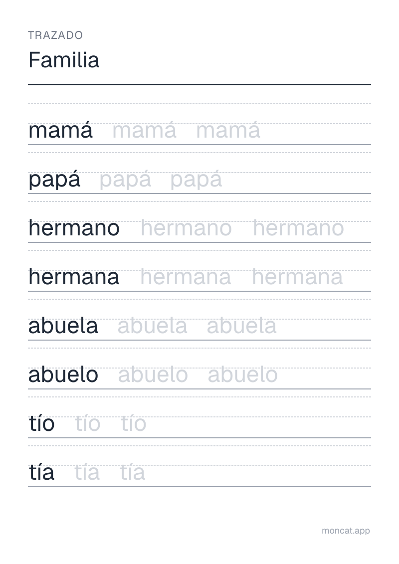 Ejemplo de ficha para imprimir — Trazado sobre «Familia» con las palabras: mamá, papá, hermano, hermana, abuela, abuelo, tío, tía