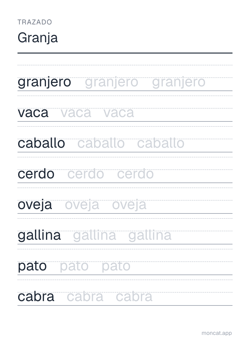 Ejemplo de ficha para imprimir — Trazado sobre «Granja» con las palabras: granjero, vaca, caballo, cerdo, oveja, gallina, pato, cabra