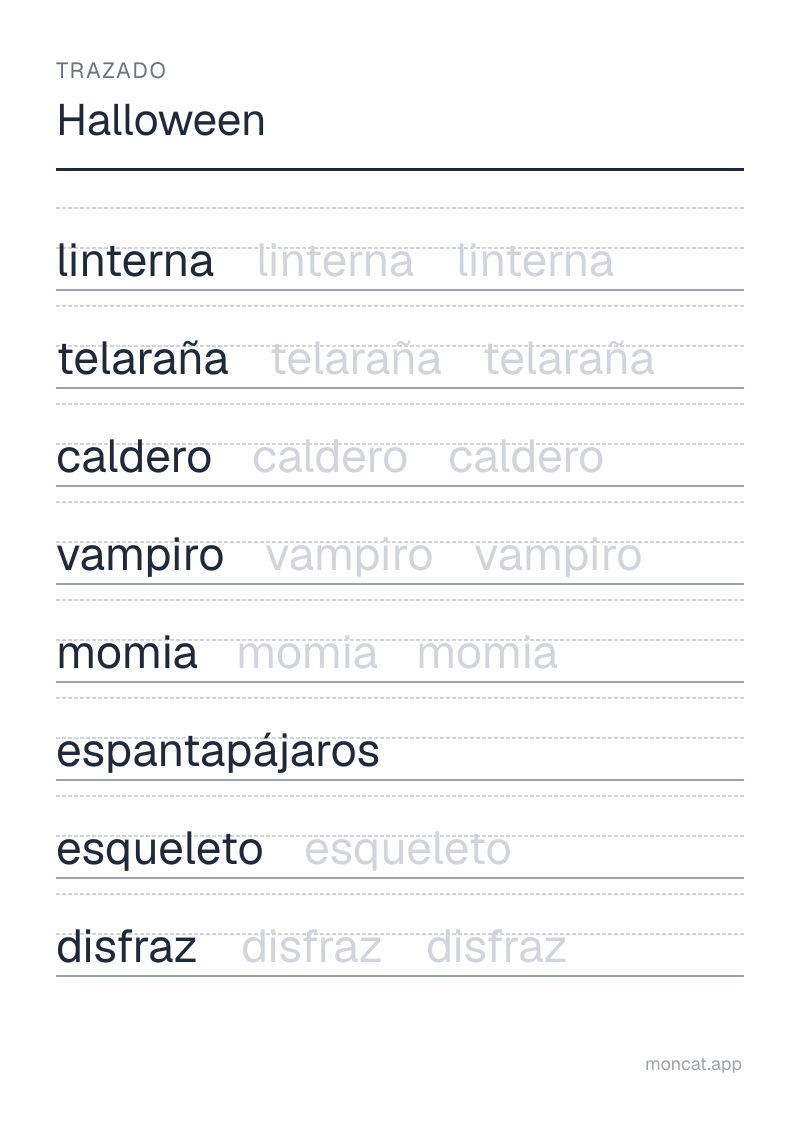 Ejemplo de ficha para imprimir — Trazado sobre «Halloween» con las palabras: linterna, telaraña, caldero, vampiro, momia, espantapájaros, esqueleto, disfraz