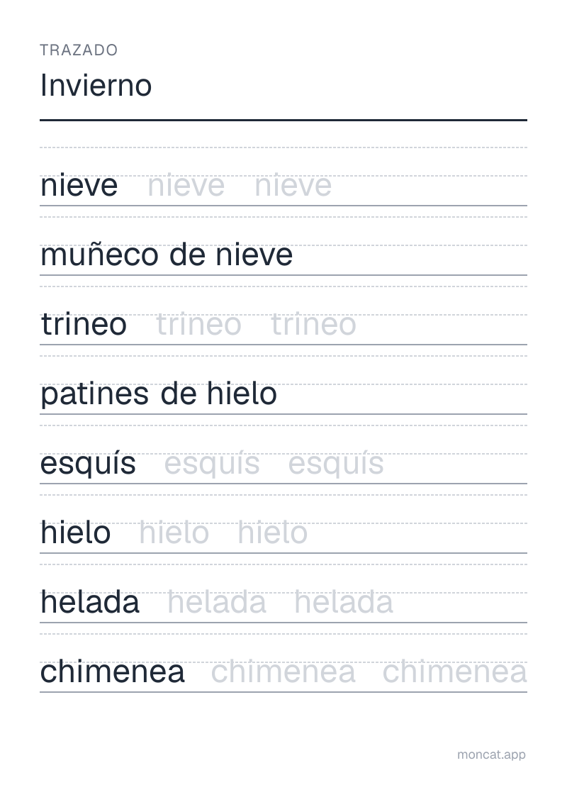 Ejemplo de ficha para imprimir — Trazado sobre «Invierno» con las palabras: nieve, muñeco de nieve, trineo, patines de hielo, esquís, hielo, helada, chimenea