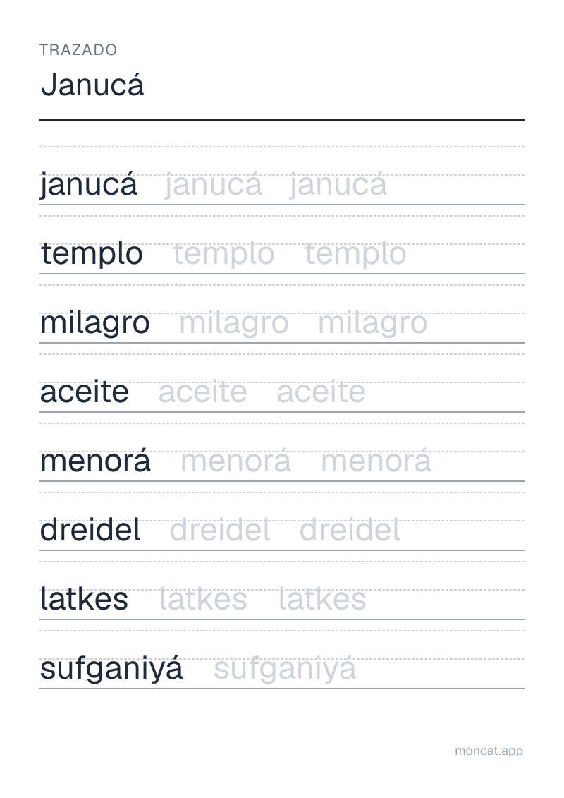 Ejemplo de ficha para imprimir — Trazado sobre «Janucá» con las palabras: janucá, templo, milagro, aceite, menorá, dreidel, latkes, sufganiyá