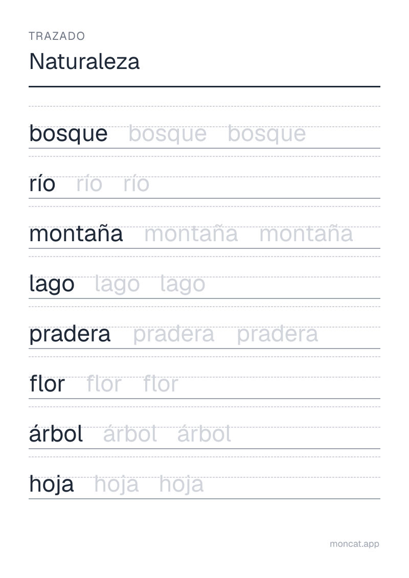 Ejemplo de ficha para imprimir — Trazado sobre «Naturaleza» con las palabras: bosque, río, montaña, lago, pradera, flor, árbol, hoja