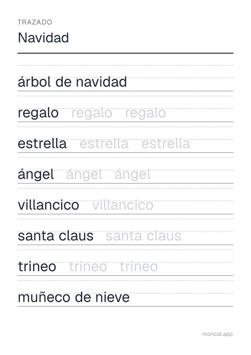Ejemplo de ficha para imprimir — Trazado sobre «Navidad» con las palabras: árbol de navidad, regalo, estrella, ángel, villancico, santa claus, trineo, muñeco de nieve