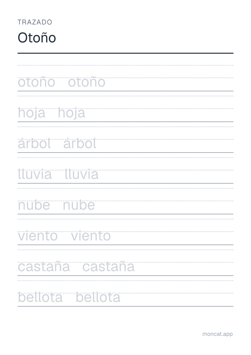 Ejemplo de ficha para imprimir — Trazado sobre «Otoño» con las palabras: otoño, hoja, árbol, lluvia, nube, viento, castaña, bellota