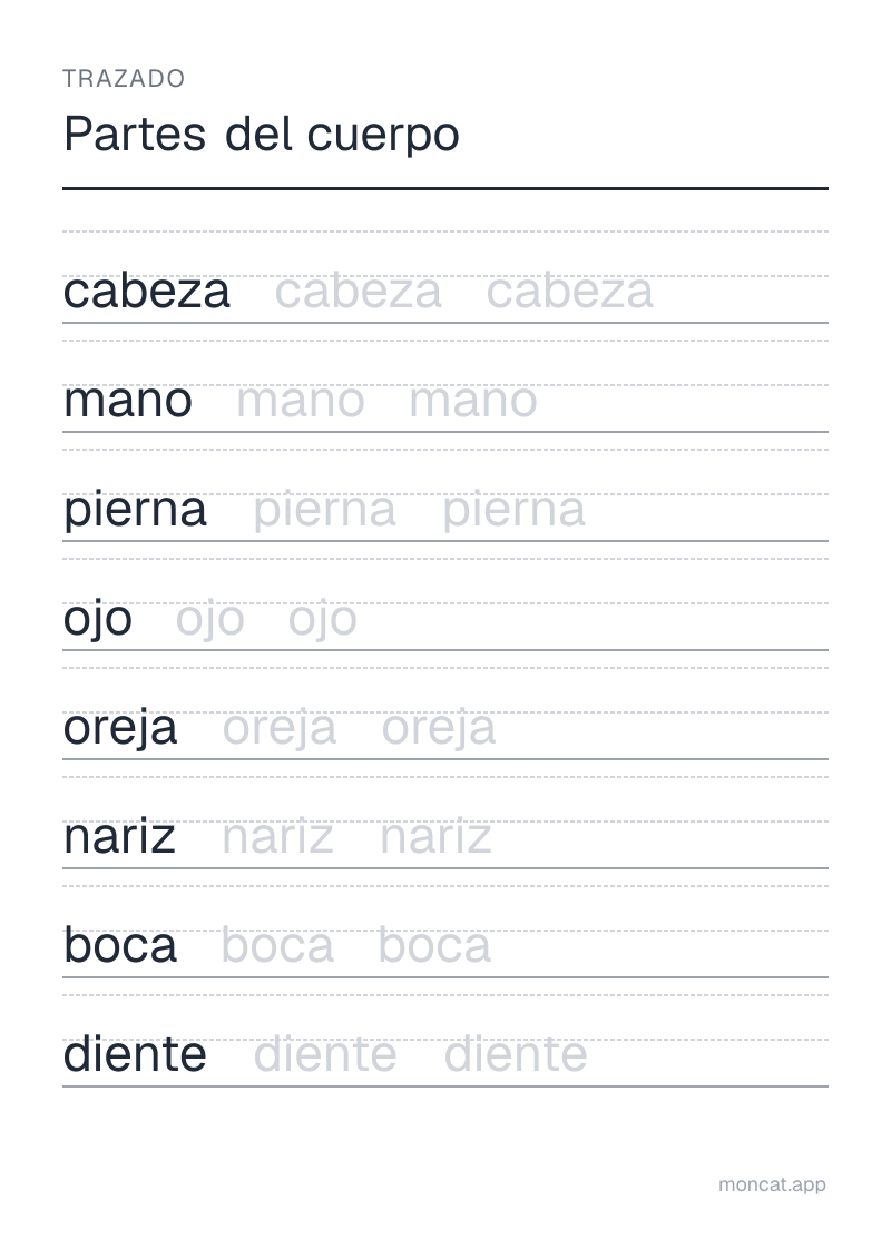 Ejemplo de ficha para imprimir — Trazado sobre «Partes del cuerpo» con las palabras: cabeza, mano, pierna, ojo, oreja, nariz, boca, diente