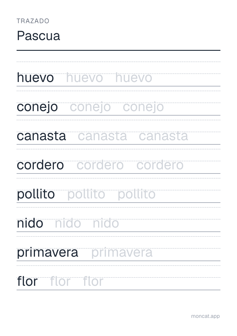Ejemplo de ficha para imprimir — Trazado sobre «Pascua» con las palabras: huevo, conejo, canasta, cordero, pollito, nido, primavera, flor