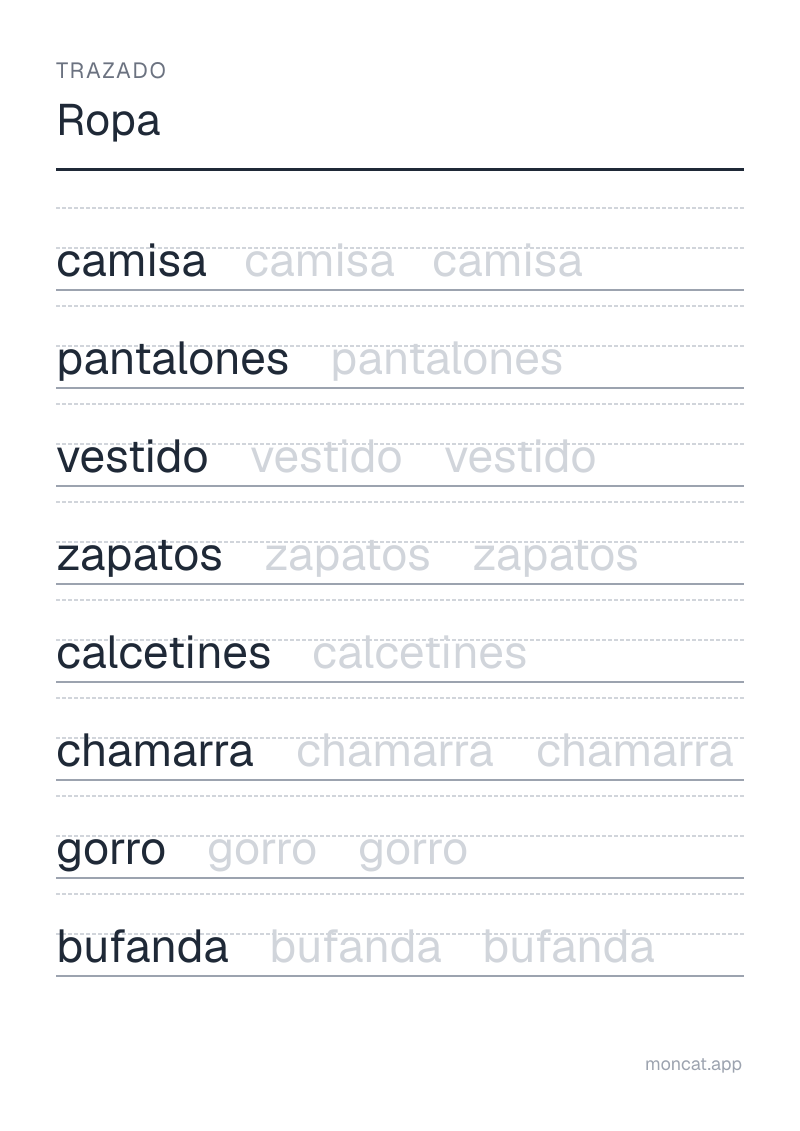 Ejemplo de ficha para imprimir — Trazado sobre «Ropa» con las palabras: camisa, pantalones, vestido, zapatos, calcetines, chamarra, gorro, bufanda