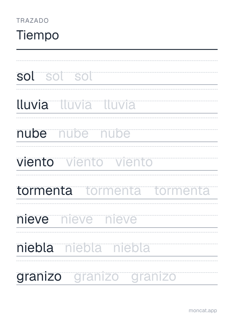 Ejemplo de ficha para imprimir — Trazado sobre «Tiempo» con las palabras: sol, lluvia, nube, viento, tormenta, nieve, niebla, granizo